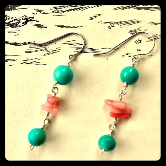 Handmade Jewelry - NWT Turquoise & Pink Coral Silver Drop Earrings